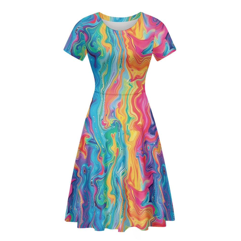 Women Scoop Neck Short Sleeve Ruffle Dress white