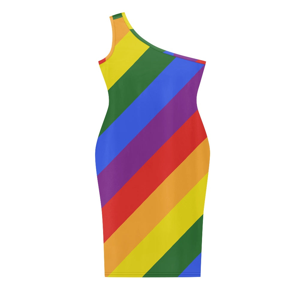 Discover Elegance: Luxtrini's One-Shoulder Slim Dress - Rainbow Pride white