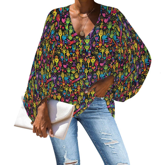V-Neck Chiffon Puff Sleeve Blouse by Luxtrini 4XL