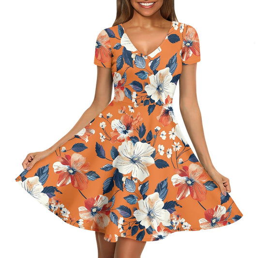 Women V-Neck Short Sleeve Ruffle Dress