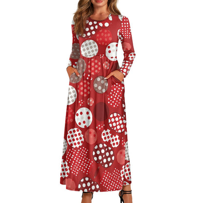 Women's Long Sleeve Maxi Dress with Pockets – Festive Polka Dot Pattern in Red