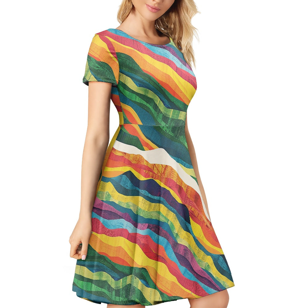 Women Scoop Neck Short Sleeve Ruffle Dress