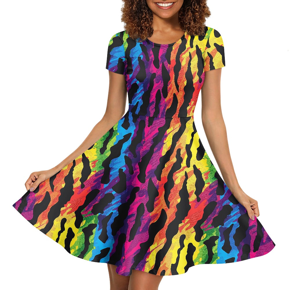 Women Scoop Neck Short Sleeve Ruffle Dress