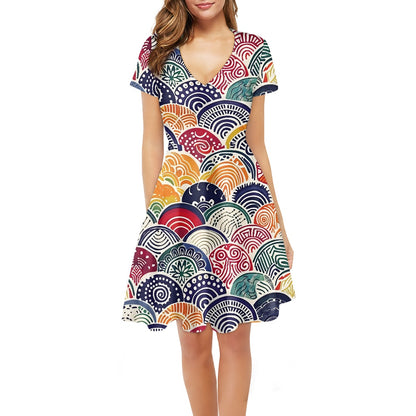 Women V-Neck Short Sleeve Ruffle Dress