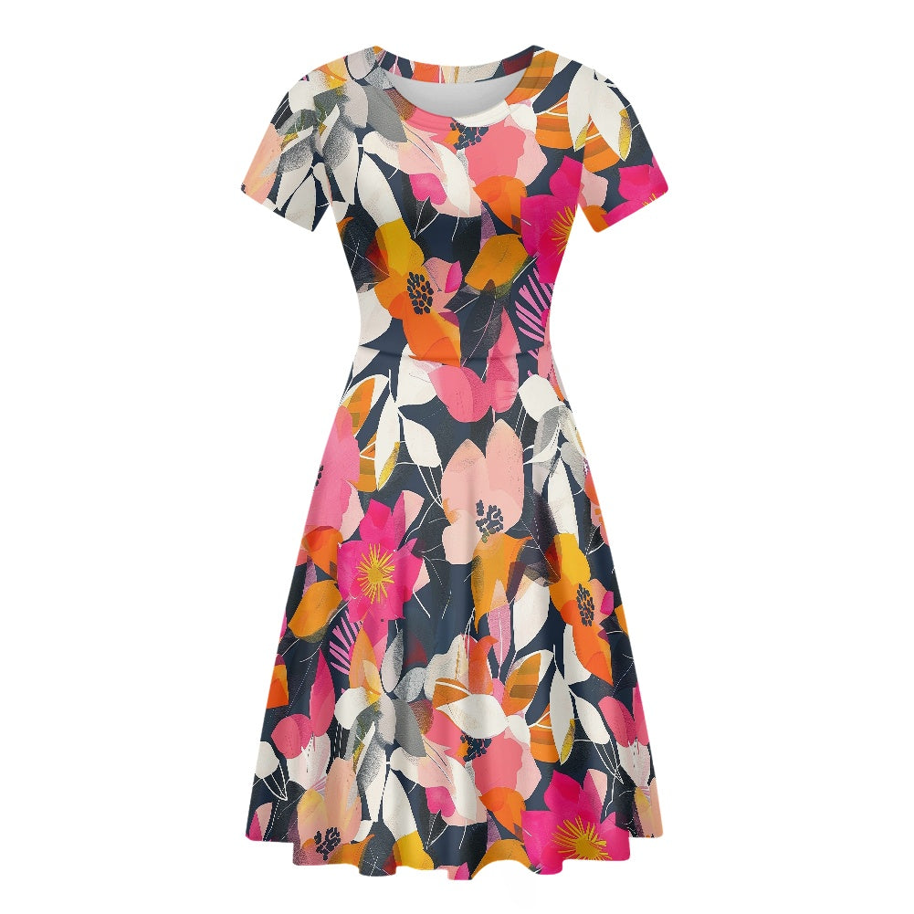 Women Scoop Neck Short Sleeve Ruffle Dress white