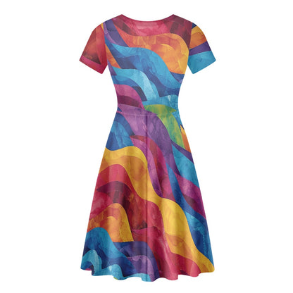 Women Scoop Neck Short Sleeve Ruffle Dress