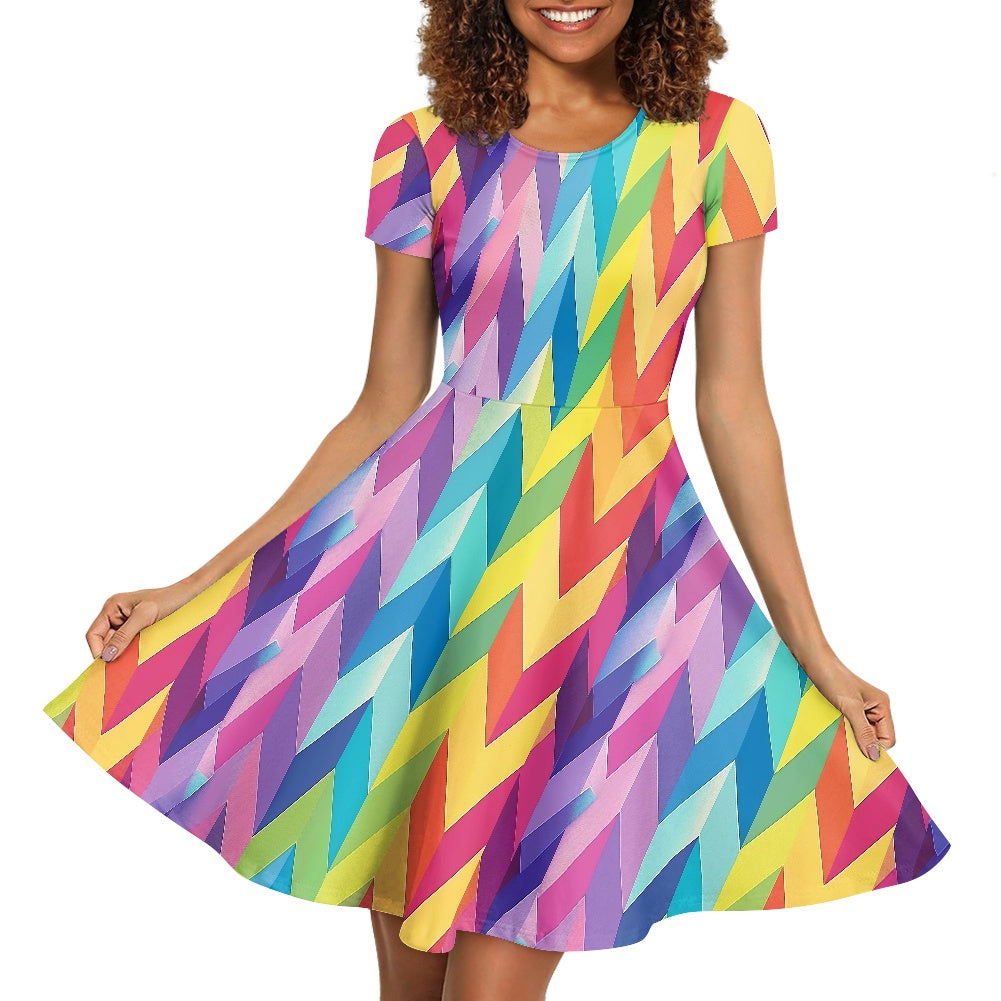 Chevron Rainbow LGBTQ Women Scoop Neck Short Sleeve Ruffle Dress