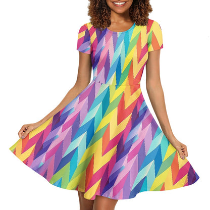 Chevron Rainbow LGBTQ Women Scoop Neck Short Sleeve Ruffle Dress