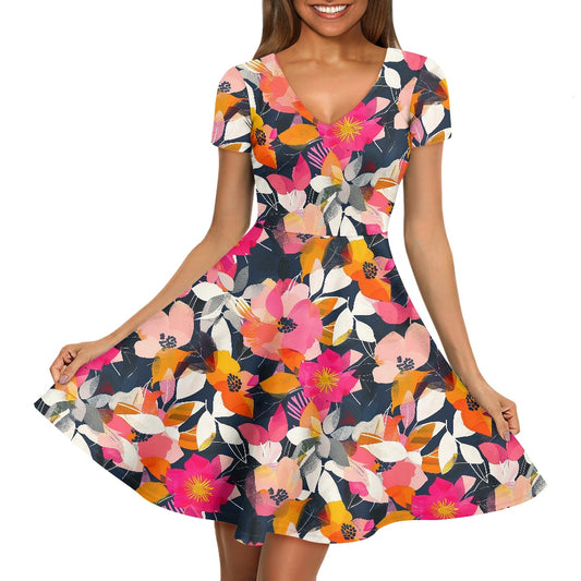 Women V-Neck Short Sleeve Ruffle Dress
