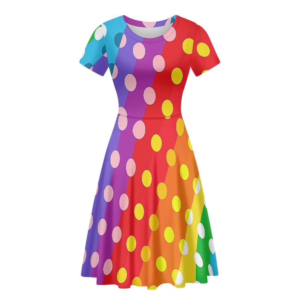 Rainbow Polka Dot Women Scoop Neck Short Sleeve Ruffle Dress white