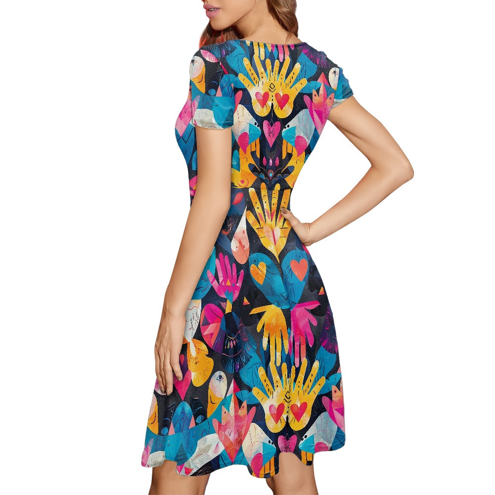 Women Scoop Neck Short Sleeve Ruffle Dress