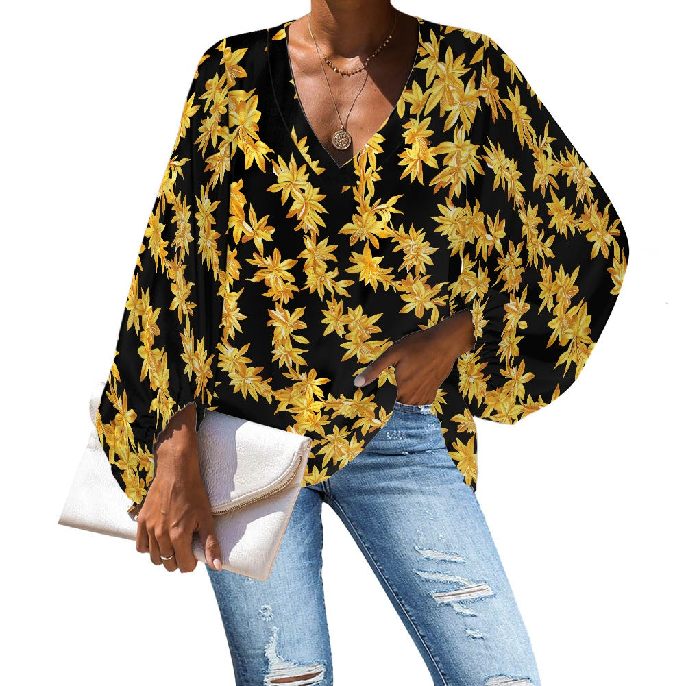 Tropical Black and Gold Lei V-Neck Chiffon Puff Sleeve Blouse by Luxtrini 4XL