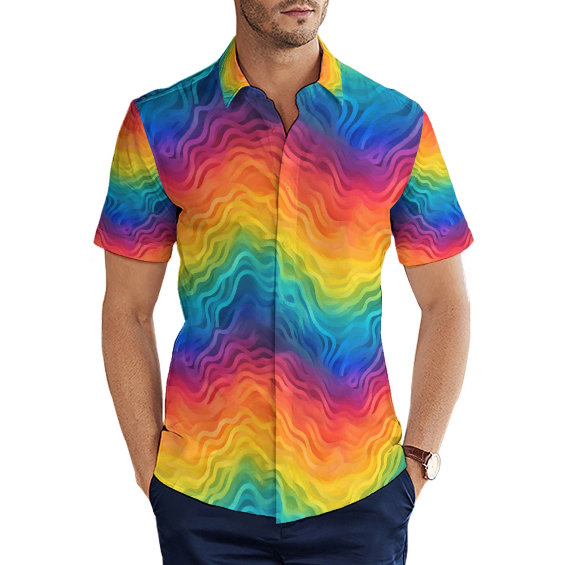 🌈&nbsp;Men’s Rainbow Wave Short Sleeve Shirt – Lightweight Button-Up Vacation Shirt with Bold Abstract Print white