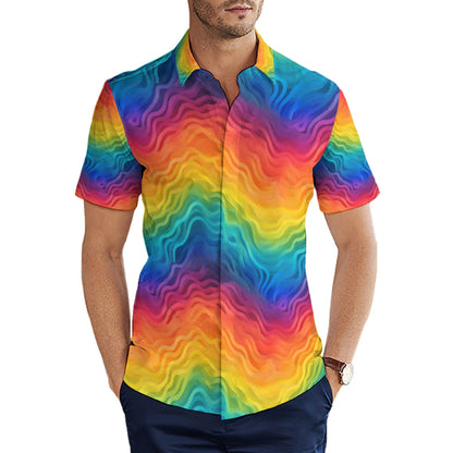 🌈&nbsp;Men’s Rainbow Wave Short Sleeve Shirt – Lightweight Button-Up Vacation Shirt with Bold Abstract Print white