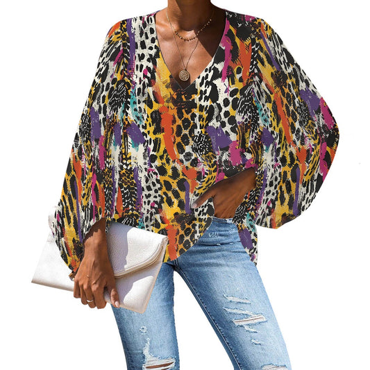 V-Neck Chiffon Puff Sleeve Blouse by Luxtrini