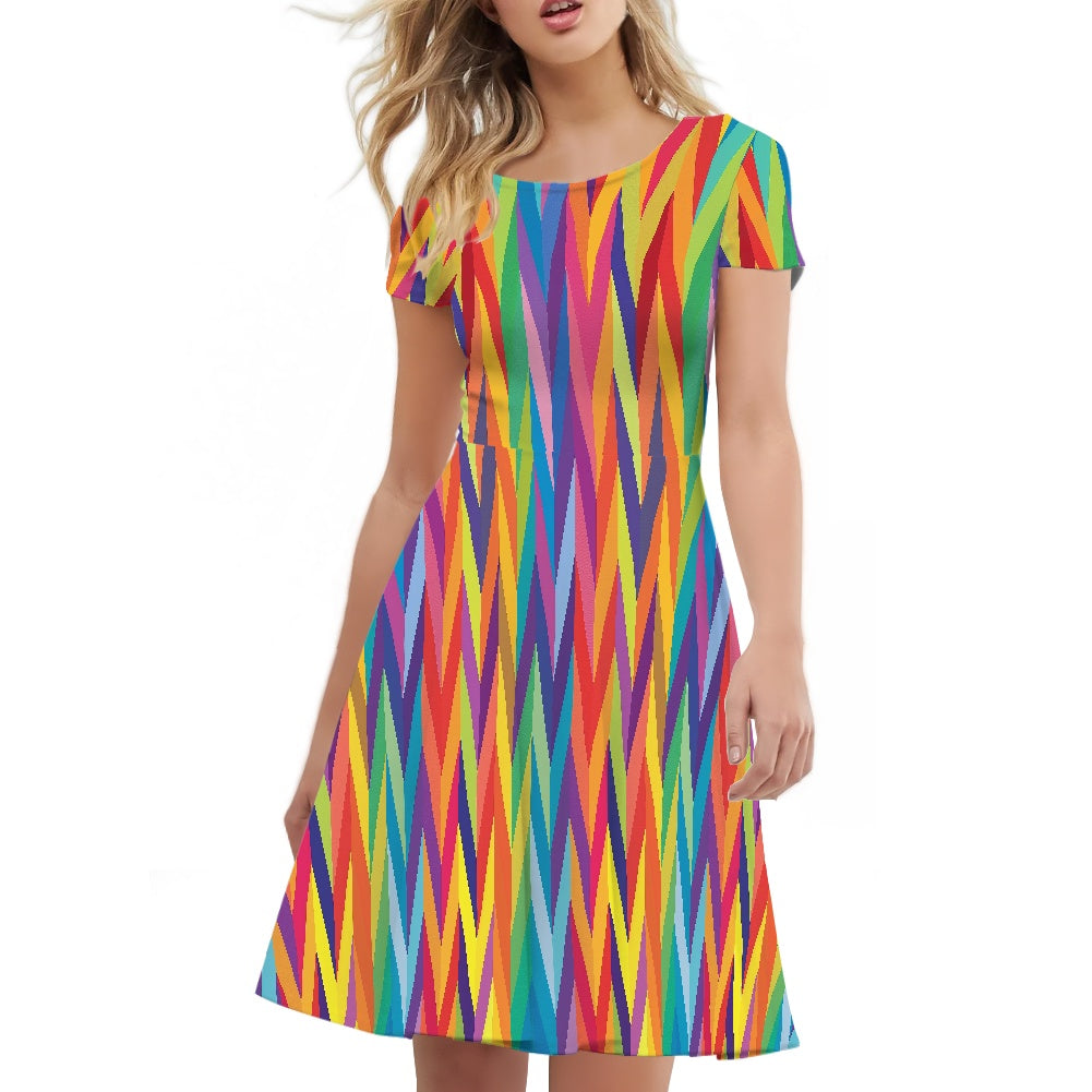 Chevron Rainbow LGBTQ Women Scoop Neck Short Sleeve Ruffle Dress