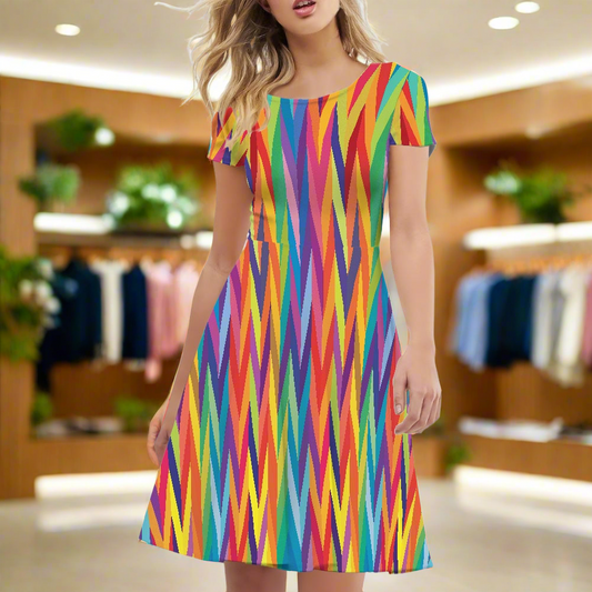 Chevron Rainbow LGBTQ Women Scoop Neck Short Sleeve Ruffle Dress