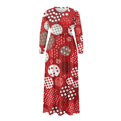 Women's Long Sleeve Maxi Dress with Pockets – Festive Polka Dot Pattern in Red