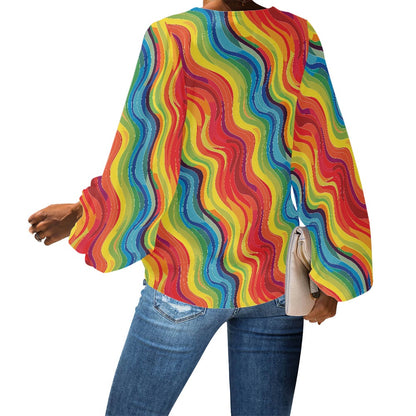 V-Neck Chiffon Puff Sleeve Blouse by Luxtrini