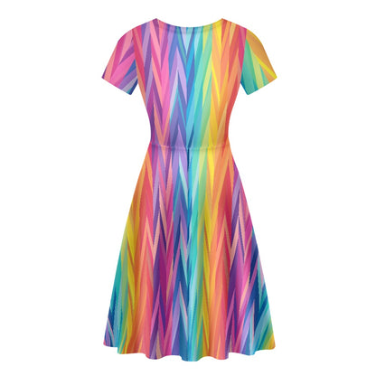 Rainbow Chevron Women Scoop Neck Short Sleeve Ruffle Dress