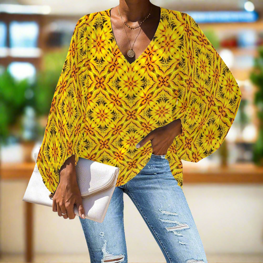 Toghu V-Neck Chiffon Puff Sleeve Blouse by Luxtrini