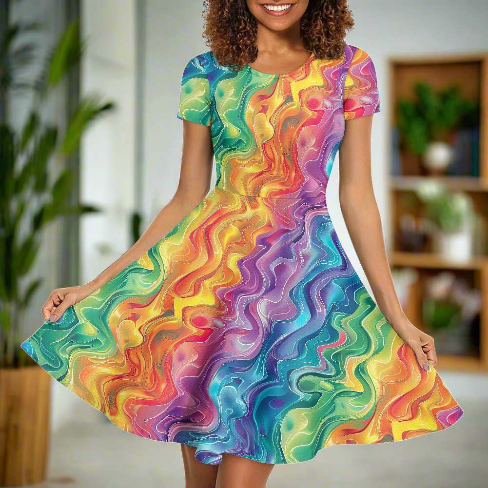 Women Scoop Neck Short Sleeve Ruffle Dress