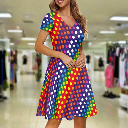 LGBTQ-Friendly Rainbow Polka Dot V-Neck Women Short Sleeve Ruffle Dress by Luxtrini