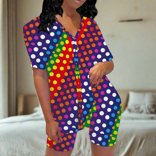 Colorful Polka Dot Two-Piece Set: V-Neck Blouse & Mid-Thigh Shorts by Luxtrini