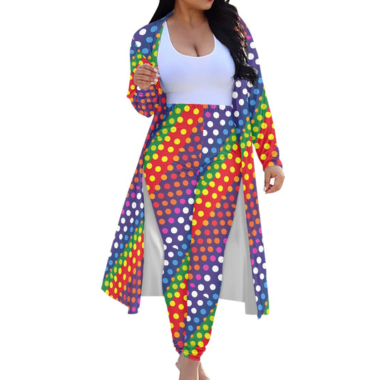 LGBTQ-Friendly Rainbow Polka Dot Chic Coordinated Outfit: Flowing Duster Coat and High-Waist Fitted Pants by Luxtrini white