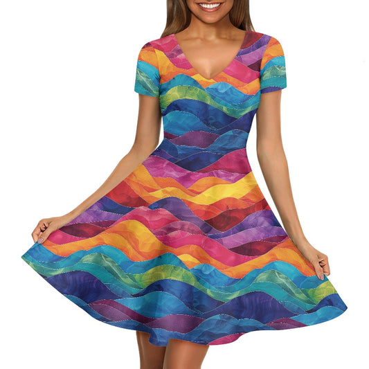 Women V-Neck Short Sleeve Ruffle Dress