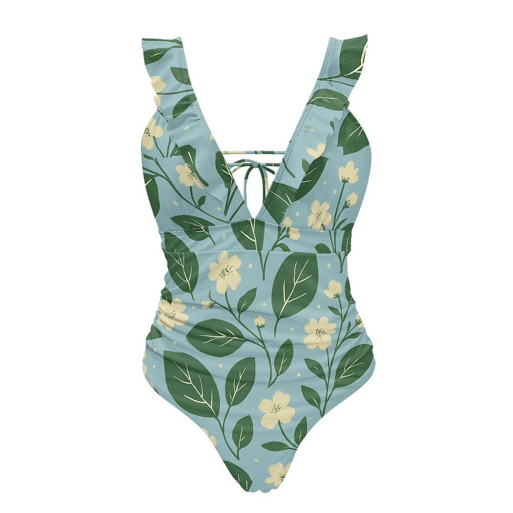 Vintage Garden Bloom One-Piece Swimsuit – Eco Ruffled Plunge Bathing Suit with Lace-Up Back