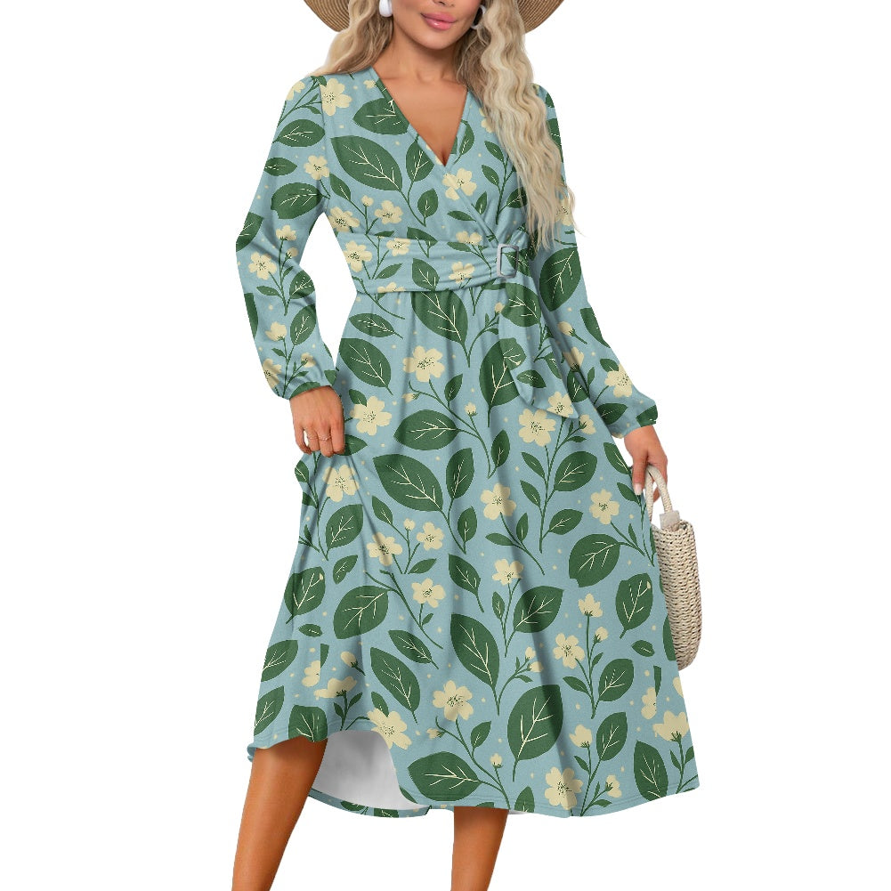 Garden Bloom Tie Waist Midi Dress – Eco-Friendly V-Neck Long Sleeve Floral Dress | Luxtrini Handmade white