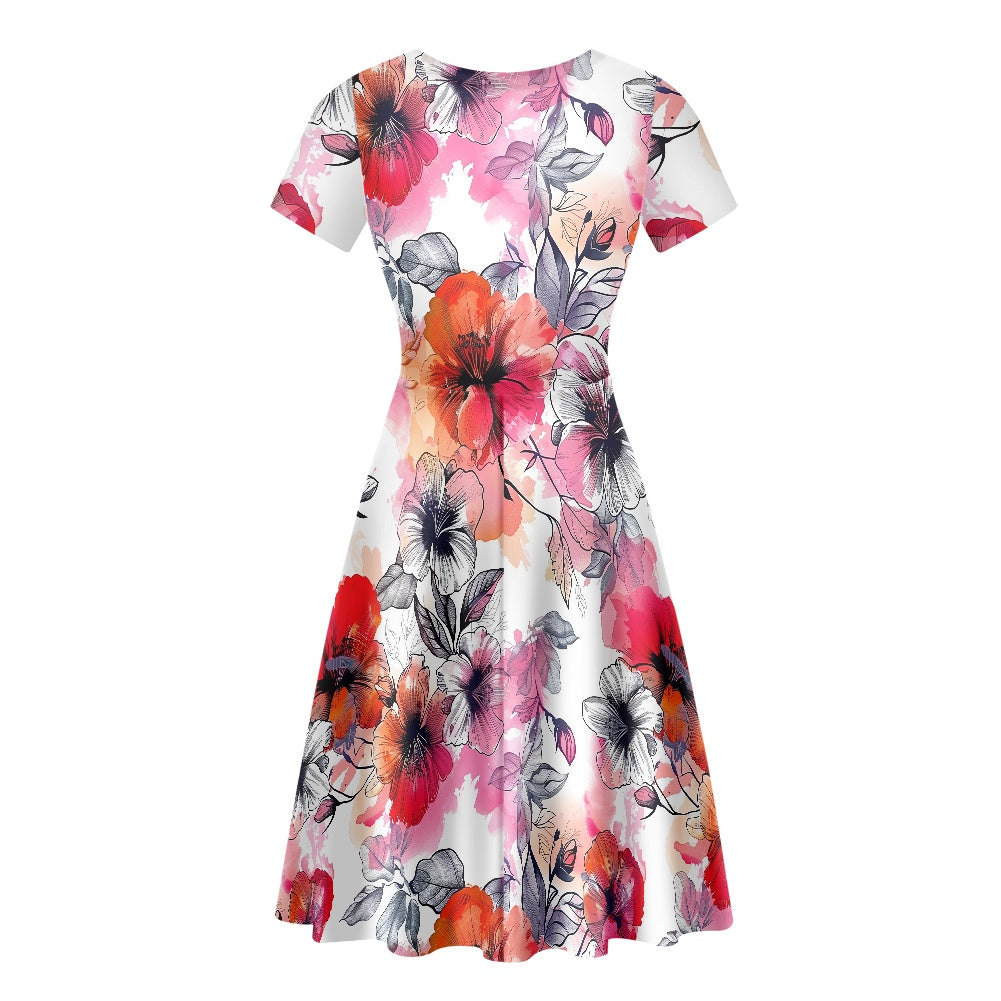 Women Scoop Neck Short Sleeve Ruffle Dress