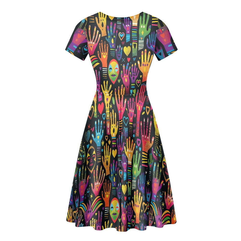 Women Scoop Neck Short Sleeve Ruffle Dress