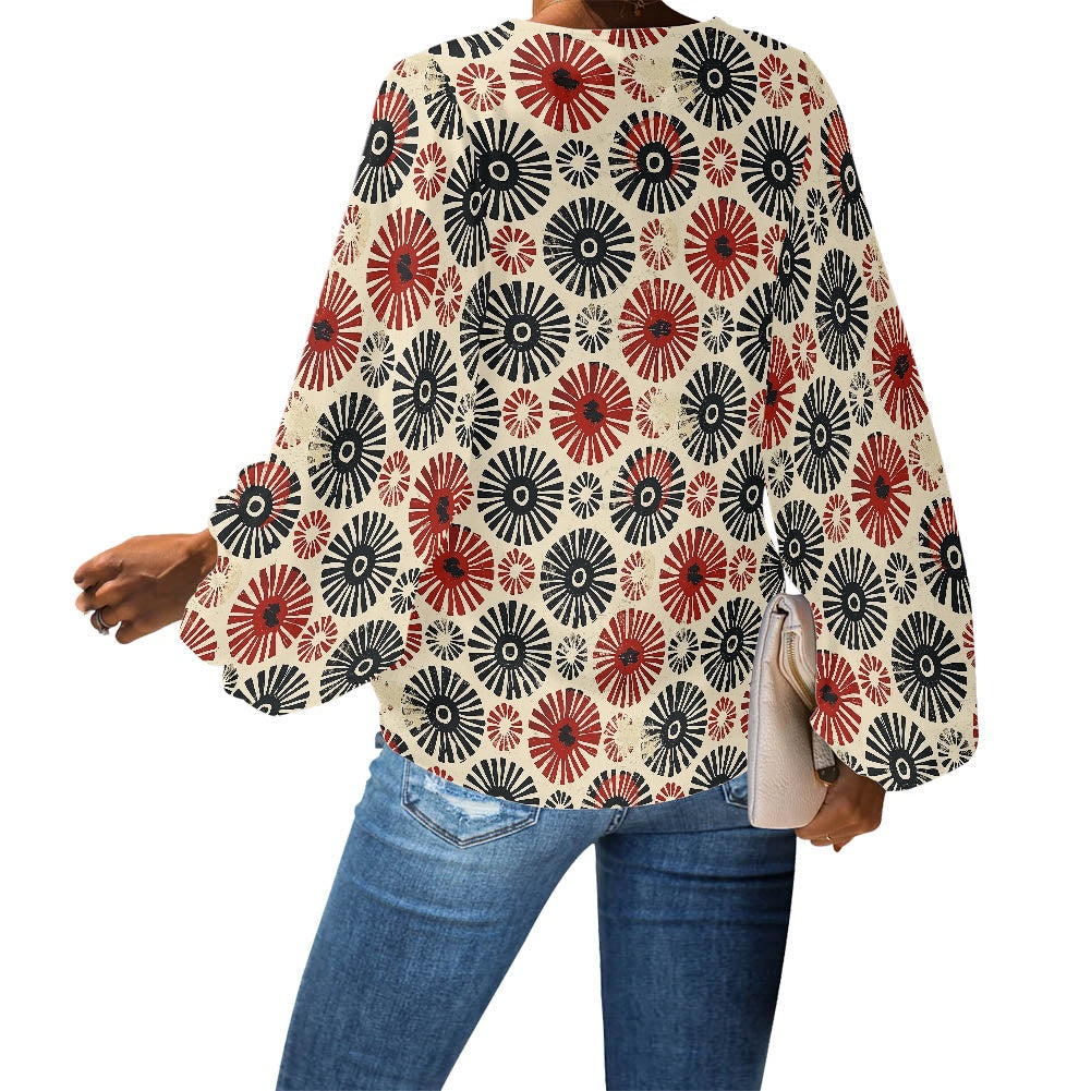 V-Neck Chiffon Puff Sleeve Blouse by Luxtrini