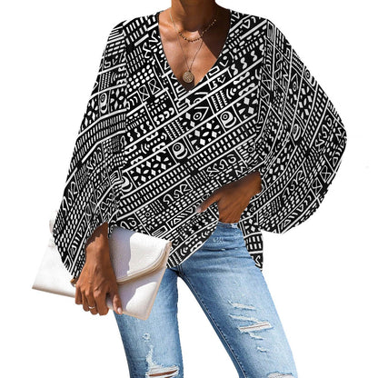 African Mudcloth-Inspired Geometric V-Neck Chiffon Puff Sleeve Blouse by Luxtrini 4XL