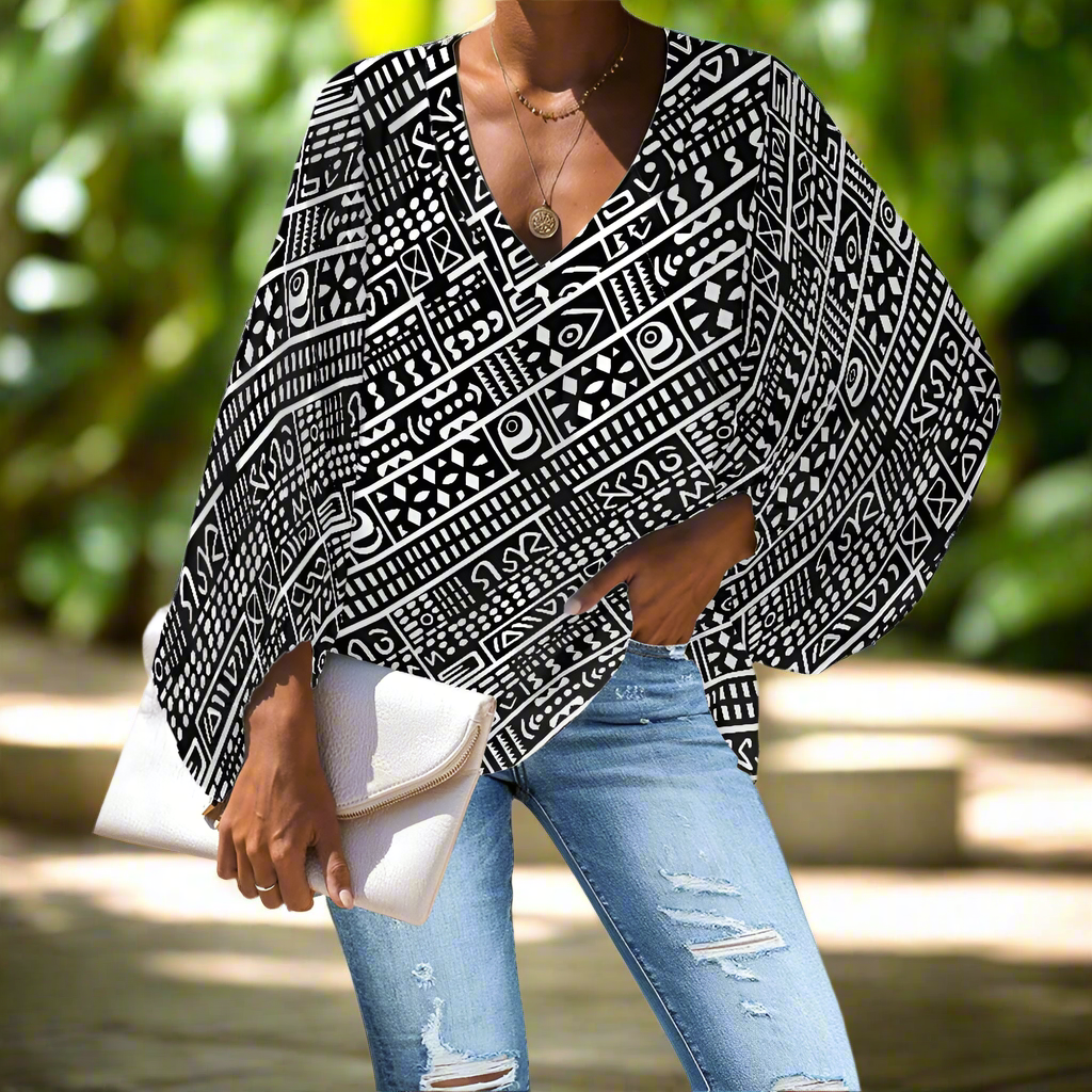 African Mudcloth-Inspired Geometric V-Neck Chiffon Puff Sleeve Blouse by Luxtrini