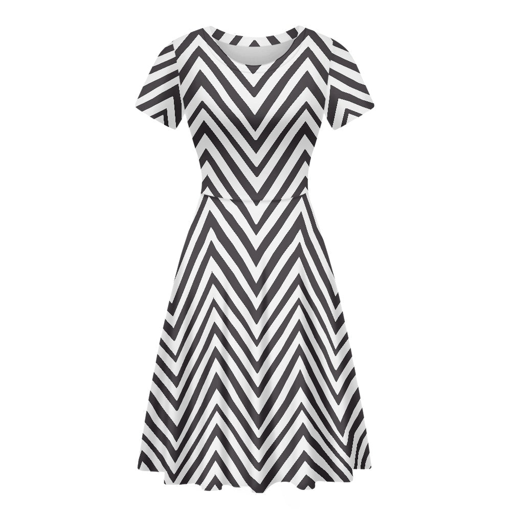 Black and White Chevron Women Scoop Neck Short Sleeve Ruffle Dress white