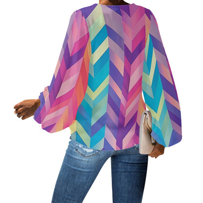 V-Neck Chiffon Puff Sleeve Blouse with Geometric Rainbow Patterns – Bold and Stylish by Luxtrini