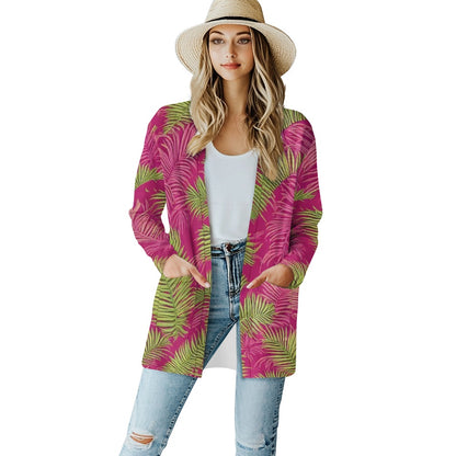 Tropical Palm Leaf Cardigan – Lightweight Stretch Knit Open Front Jacket for Women | Eco-Friendly Resortwear Layer