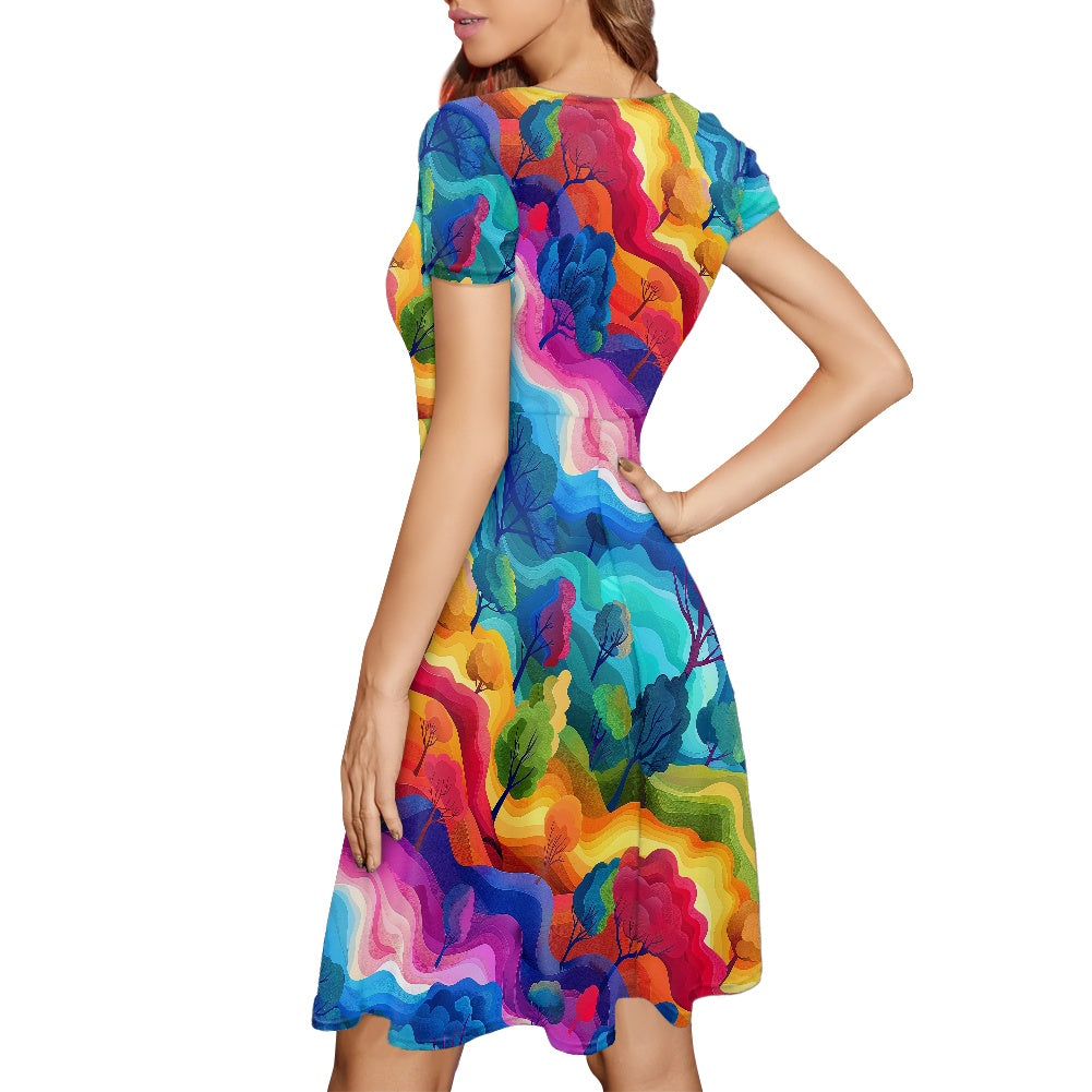 Women Scoop Neck Short Sleeve Ruffle Dress