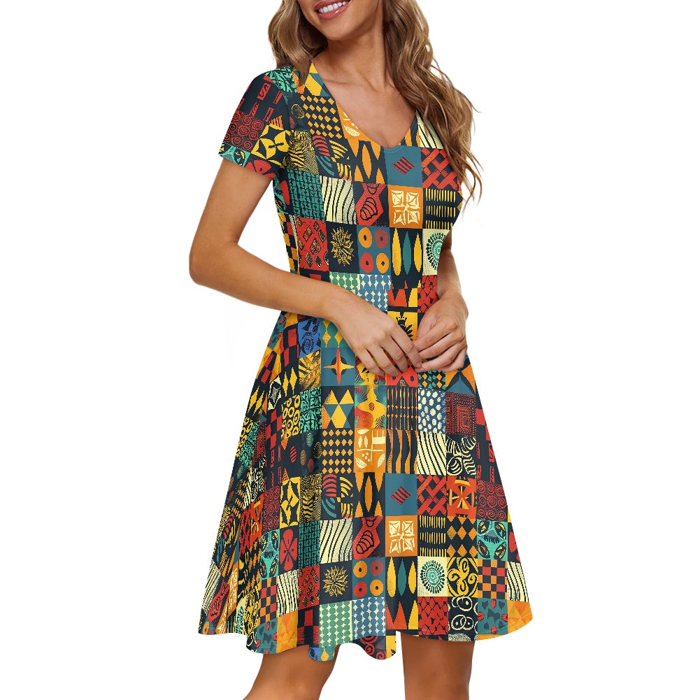 Women V-Neck Short Sleeve Ruffle Dress