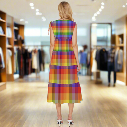 Rainbow Plaid V-Neck Drawstring Shoulder Sleeveless Maxi Dress