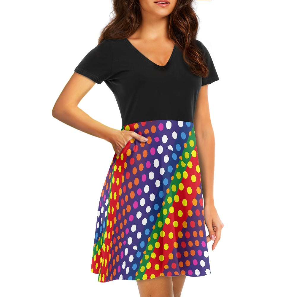 LGBTQ-Friendly Rainbow Polka Dot V-Neck Black Top Women short Sleeve Ruffle Dress by Luxtrini