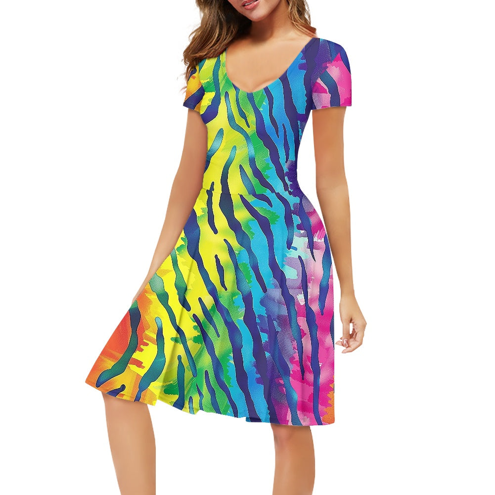 Rainbow Animal Print Women V-Neck Short Sleeve Ruffle Dress