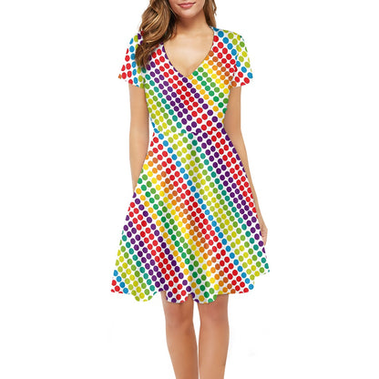 Rainbow Polka Dots Women V-Neck Short Sleeve Ruffle Dress
