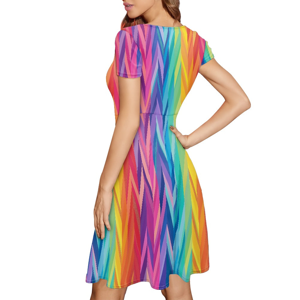 Rainbow Chevron Women Scoop Neck Short Sleeve Ruffle Dress