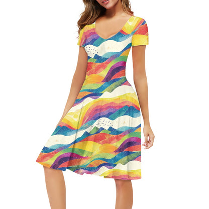 Women V-Neck Short Sleeve Ruffle Dress