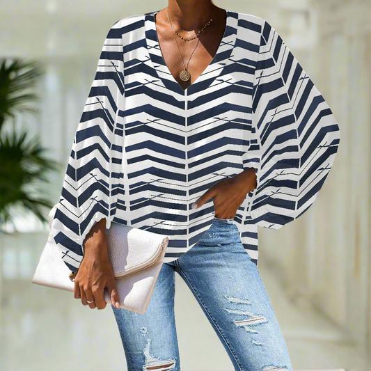 Black and White ZigZag V-Neck Chiffon Puff Sleeve Blouse by Luxtrini