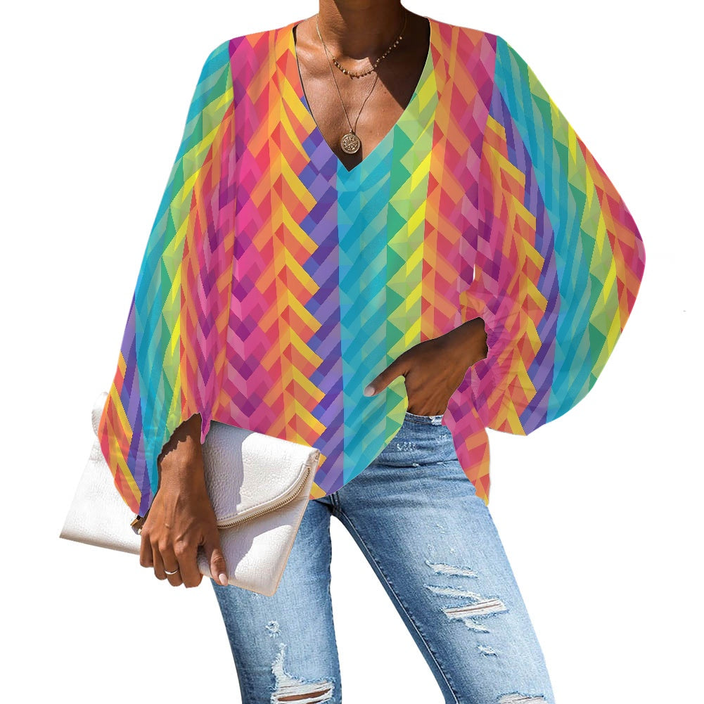 V-Neck Chiffon Puff Sleeve Blouse with Geometric Rainbow Patterns – Bold and Stylish by Luxtrini